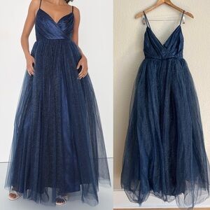 NWOT Spellbinding Beauty Navy Glitter Sleeveless Tulle Maxi Dress